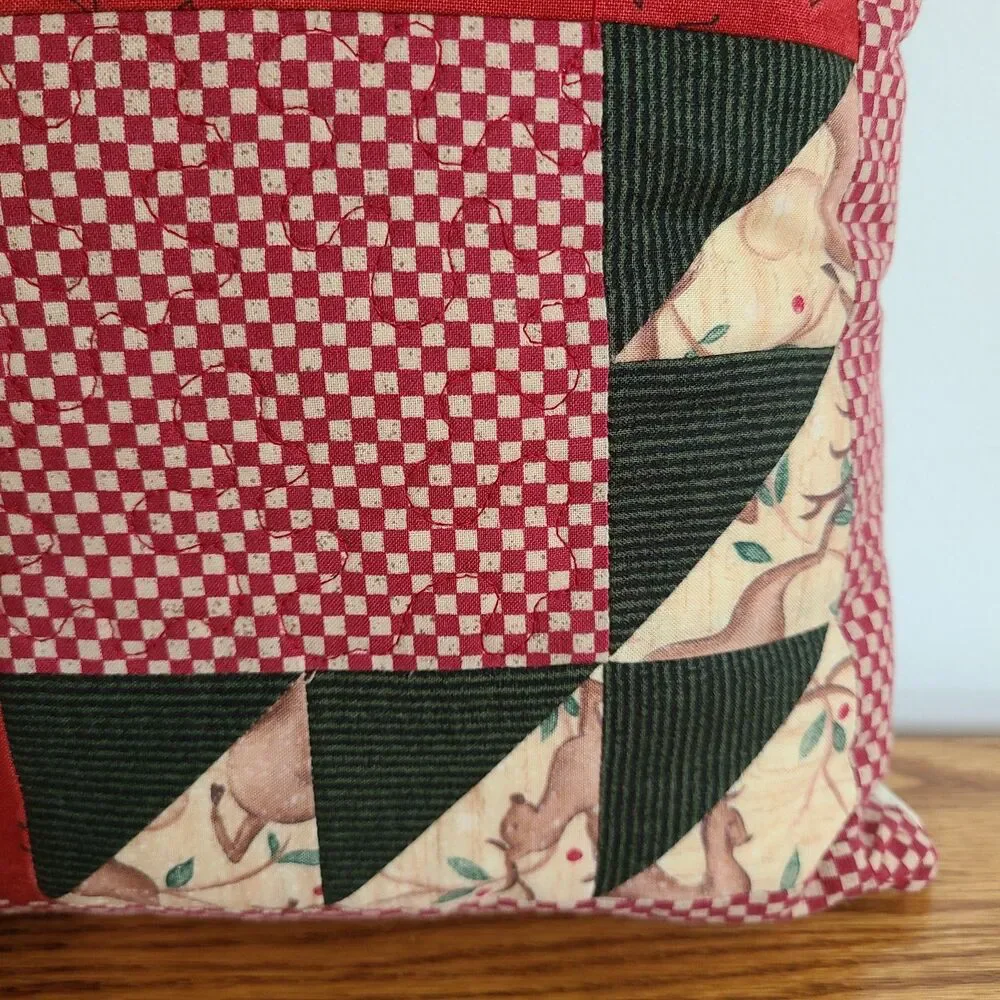 Vintage Christmas Holiday Accent Pillow Handmade Machine Stitch Christmas Fabric